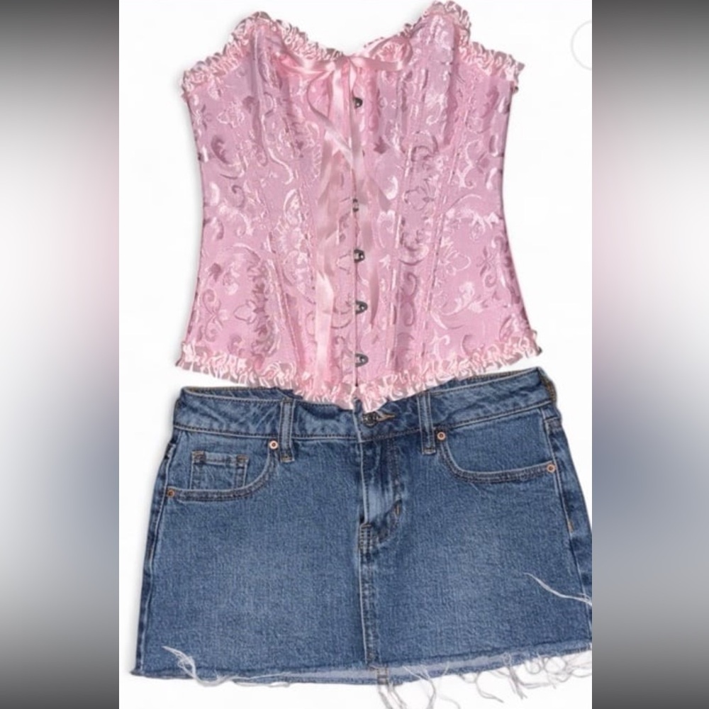 Pink Corset Top with Denim Skirt